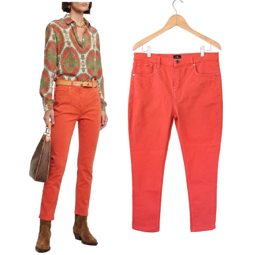 ETRO Embroidered Slim Ankle Crop Jeans Size 30 Orange High Waist Boho Luxe